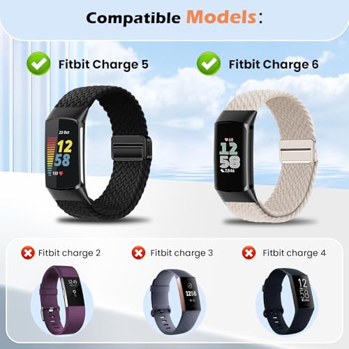 Elastic Braided Bands Compatible with Fitbit Charge 5/Fitbit Charge 6 for Women Men,Adjustable Breathable Replacement Stretchy Nylon Loop Wristband Sport Strap