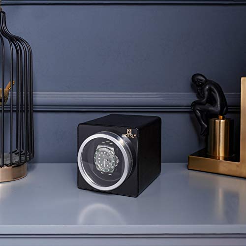 MOZSLY Watch Winder for Single Automatic Watches with Quiet Motor 12 Rotation Mode Setting Leather Black