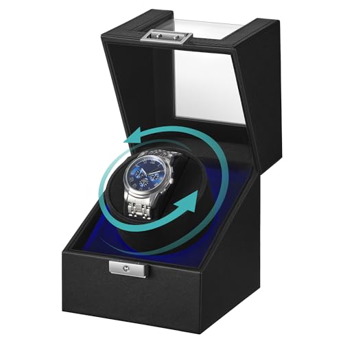 SONGMICS Automatic Single Watch Winder Box with Quiet Motor, for Automatic Watches, with LED Light, Adjustable Pillow, Lock, 4 Winding Settings, Includes a USB-C Charging Cable, Black UJWB030B01