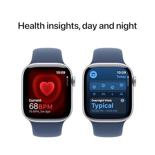 Apple Watch Series 10 [GPS 42mm case] Smartwatch with Silver Aluminum Case with Denim Sport Band - S/M. Fitness Tracker, ECG App, Always-On Retina Display, Water Resistant