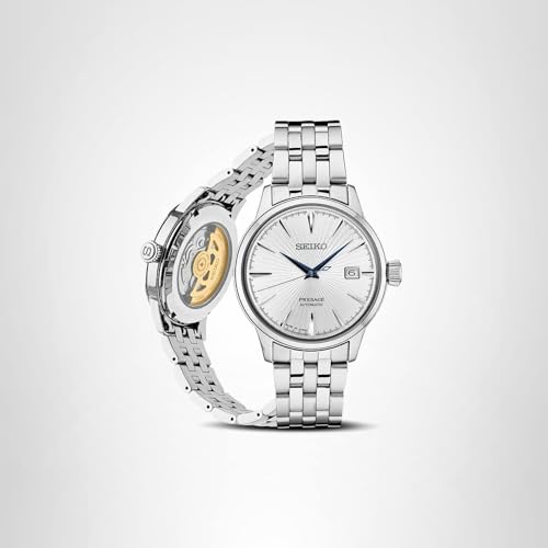 SEIKO SRPB77 Automatic Watch for Men - Presage Cocktail Time - Patterned Silver Dial with Gloss Finish, Date Calendar, 50m Water-Resistant