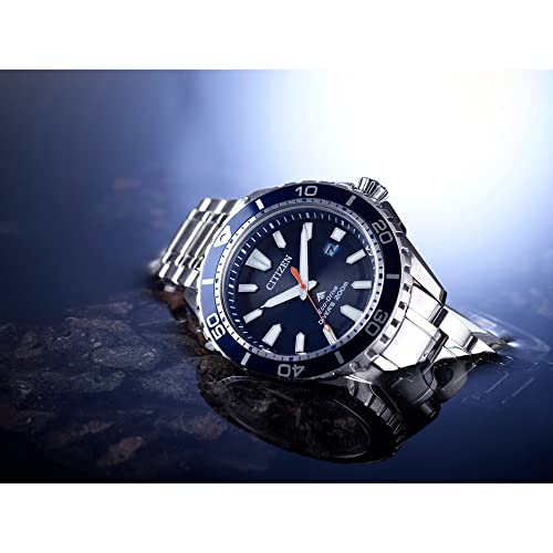 Citizen Men's Promaster Sea Eco-Drive Stainless Steel Watch, 3-Hand Date, One-Way Rotating Bezel, ISO Compliant, Luminous Hands and Markers, Blue Dial, 45mm (Model: BN0191-55L)