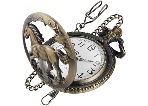 Realpoo Bronze Hollowed Out Horse Quartz Men's Pocket Watch, Arabic Numeral Dial with Chain Pocket Watch for Men