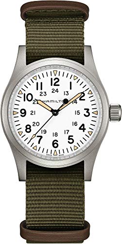 Hamilton Khaki Field Mechanical Men's Watch, 38mm Stainless Steel Case, Swiss Made, White Dial Analog Wrist Watch for Men, 50m Waterproof, Sapphire Crystal, Textile Strap