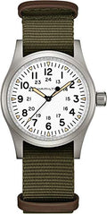 Hamilton Khaki Field Mechanical Men's Watch, 38mm Stainless Steel Case, Swiss Made, White Dial Analog Wrist Watch for Men, 50m Waterproof, Sapphire Crystal, Textile Strap