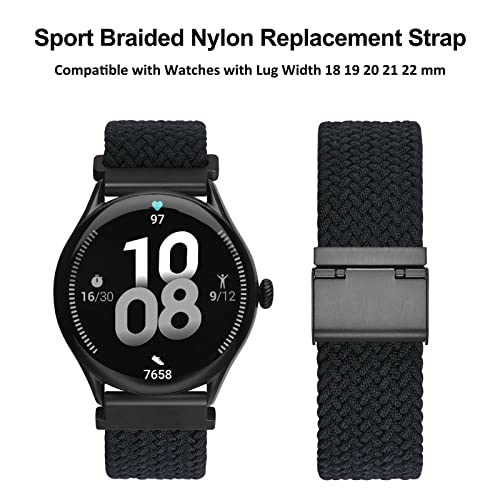 WOCCI 20mm Braided Nylon Watch Band for Men and Women, Quick Release, Black Stainless Steel Buckle (Black)