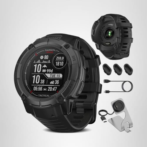 Garmin Instinct 2X Solar Tactical Edition, Solar Charging, Rugged GPS Smartwatch, Built-in Flashlight, Ballistics Calculator, Black 010-02805-13 Bundle with Deco Essentials Charging Dock Kit