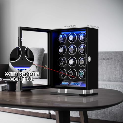 DUKWIN Watch Winder for 12 Automatic Watches, Fingerprint Lock Watch Winders with LCD Touchscreen, Blue LED Light, Remote Control,Adjustable Pillow and Quiet Motor for Universal Watches, 5TPD