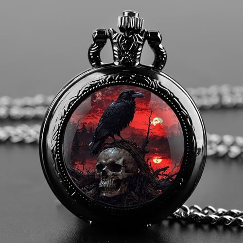 YIHAOYH Vintage Pocket Watch for Women Men Graphic Design Quartz Pocket Watches with Chain Pendant Christmas Birthday Gift with Box (Skull Crow 02)