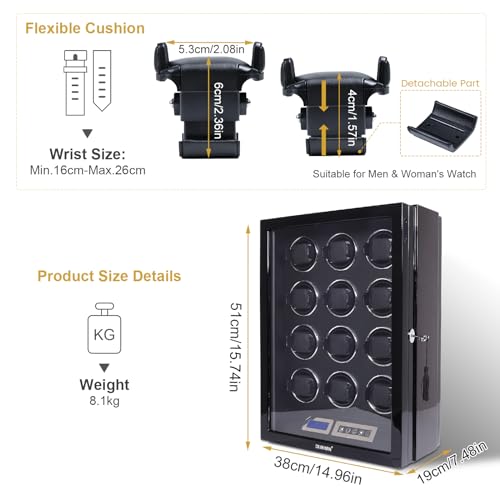 DUKWIN Watch Winder for 12 Automatic Watches with Key Lock, LCD Screen, Remote Control, LED Light, Adjustable Watch Pillow and Supper Quiet Motor for Universal Watches