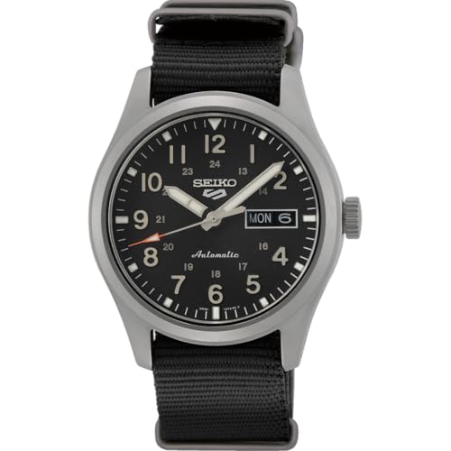 SEIKO SRPG37 Watch for Men - 5 Sports - Automatic with Manual Winding Movement, Black Dial, Stainless Steel Case, Black Nylon Strap, 100m Water Resistant, and Day/Date Display