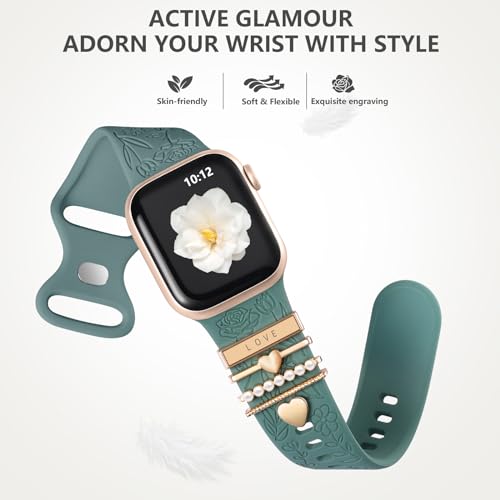 DaQin Flower Engraved Band Compatible with Apple Watch Bands for Women 40mm 38mm 41mm 42mm, Soft Silicone Strap With Dressy Decorative Apple Watch Charms for iWatch Series 11 10 9 8 7 6 5 4 3 2 1 SE