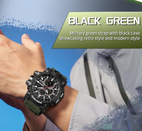 FANMIS Men's Solar Powered Casual Quartz Wrist Watch Analog Digital Multifunctional Black Sports Watch (X Army Green)