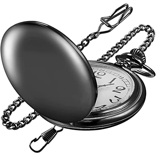 Realpoo SwitchMe Smooth Black Pocket Watch for Men Quartz Arabic Digital Dial with Chain,Smooth Quartz Men's Pocket Watch for Father's Day Christmas Gift - Black