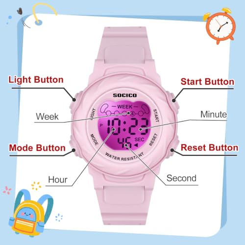 SOCICO Kids Digital Watches for Girls Boys, 7 Color Lights Waterproof Sport Outdoor Wristwatch with Stopwatch, Alarm, Date, Great Gift for Child Ages 5-12