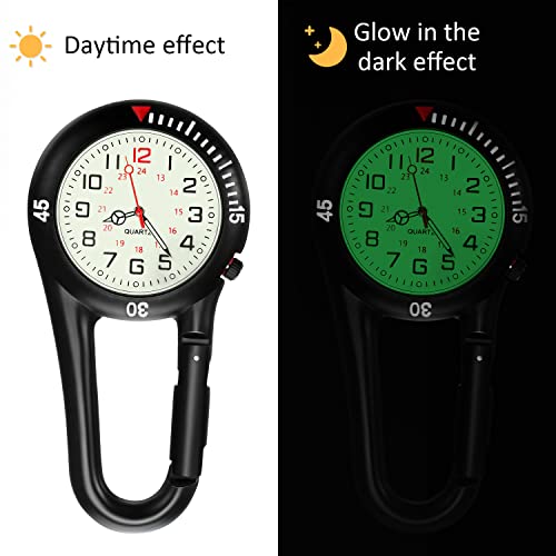 Hicarer 2 Pieces Clip on Quartz Watch Backpack Fob Belt Glow in The Dark Unisex Pocket Watch with White Dial for Doctors Nurses Outdoor Activities(Black, Silver)