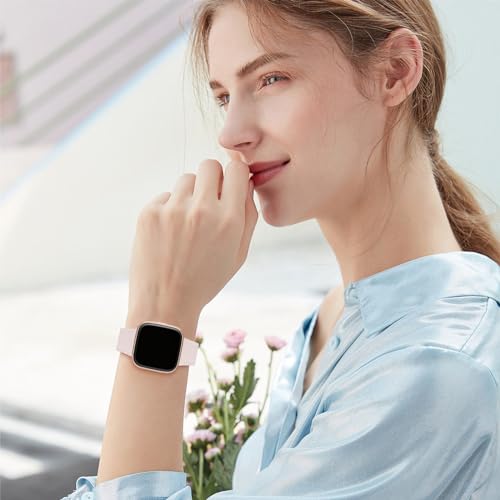 WFEAGL for Fitbit Versa Bands, Top Grain Leather Replacement Strap for Fitbit Versa/Versa 2 /Versa Lite/Versa SE Fitness Smart Watch (PinkSand Band+ Rosegold Buckle)