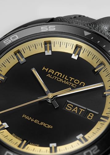 Hamilton American Classic Pan Europ Day Date Automatic Watch, 42mm Stainless Steel Case, Swiss Made, Black Dial Analog Wrist Watch, 50m Waterproof, Sapphire Crystal, Cow Leather Strap