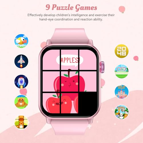 ganopterygon Smart Watch for Kids, 12 Puzzle Games HD Touch Screen Watches, Step Counter, Heart Rate and Sleep Monitor, Flashlight, 12/24 hr Educational Toys Birthday Gifts for Girls Ages 6-12 (Pink)