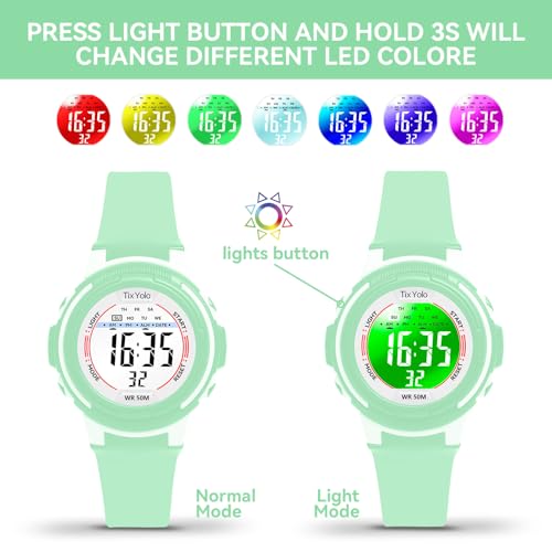 TixYolo Digital Kids Watch with 7 Color Lights 50M Waterproof,Alarm,Stopwatch,Soft Strap,Children Gifts Sports Watch for Boys Girls 5-12 Years(Green)