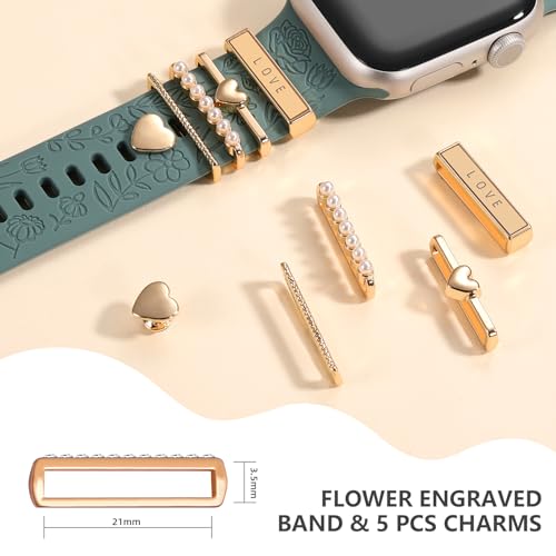 DaQin Flower Engraved Band Compatible with Apple Watch Bands for Women 40mm 38mm 41mm 42mm, Soft Silicone Strap With Dressy Decorative Apple Watch Charms for iWatch Series 11 10 9 8 7 6 5 4 3 2 1 SE