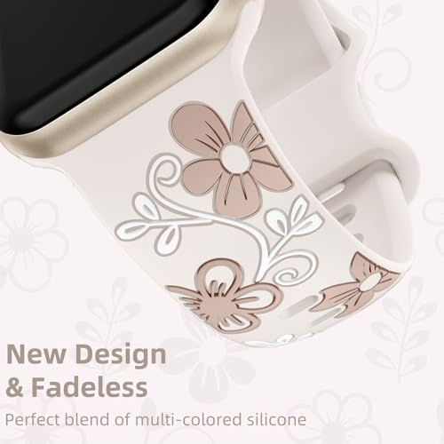 Witzon Floral Band Compatible with Apple Watch Bands For Women 41mm 40mm 38mm 42mm 44mm 45mm 46mm 49mm, Engraved Cute Flower Soft Silicone Strap for iWatch Series 11 10 9 8 7 6 5 4 3 2 1 SE Ultra