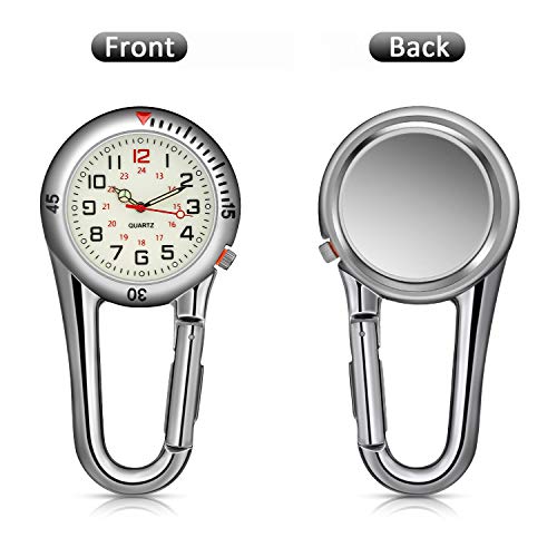 Hicarer 2 Pieces Clip on Quartz Watch Backpack Fob Belt Glow in The Dark Unisex Pocket Watch with White Dial for Doctors Nurses Outdoor Activities(Silver)