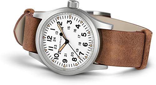 Hamilton Khaki Field Mechanical Men's Watch, 38mm Stainless Steel Case, Swiss Made, White Dial Analog Wrist Watch for Men, 50m Waterproof, Sapphire Crystal, Cow Leather Strap