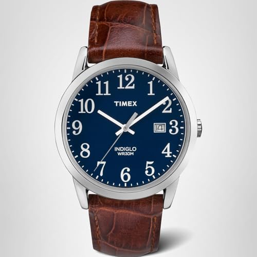 Timex Men's Easy Reader 38mm Watch – Silver-Tone Case Blue Dial with Brown Croco Leather Strap