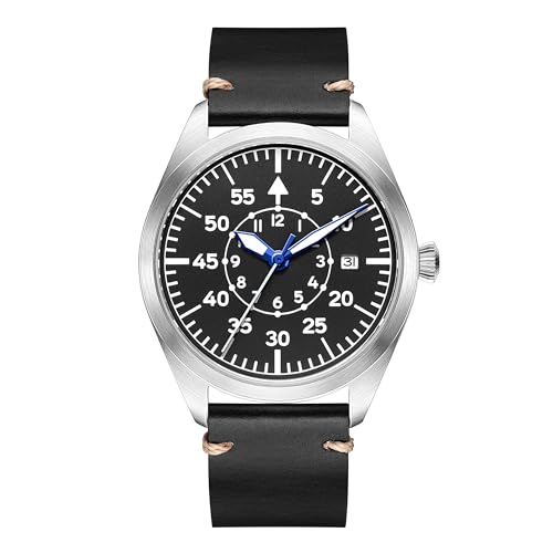 Boyarca Pilot Watch Men's Aviator Wrist Watch Japan Automatic Movement Retro Mechanical Watches Stainless Steel Case with Luminous Waterproof (Black B)