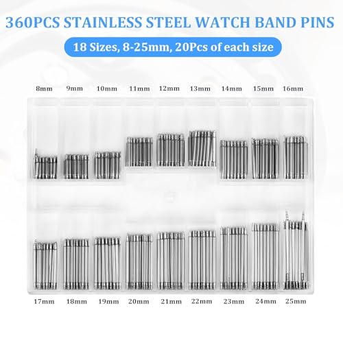 360Pcs 8-25mm Watch Band Pins, Diameter 1.5mm Watch Band Spring Bar Link Pins with Strap Link Pin Remover Tool, Watch Repair Kit for Most Kinds of Stainless Steel Watch