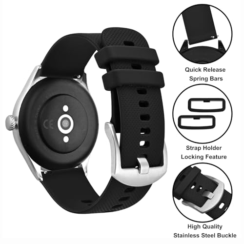 ANBEER Silicone Watch Band 22mm Quick Release Rubber Watch Straps for Men Women,Black with Silver Stainless Steel Buckle