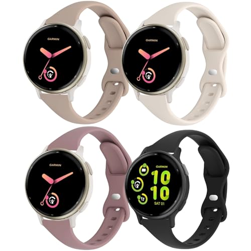 CUNUJIX Slim Silicone Watch Bands Compatible with Garmin Vivoactive 6/ Vivoactive 5/Vivoactive 3/Venu Sq/Venu 2 Plus/Forerunner 165/55/245 Music, 20mm Thin Soft Narrow Sport Strap for Women (4 Pack)