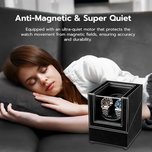 Mcbazel Watch Winder with Led Light, Dual Watch Winder Box for Automatic Watches, Ultra-Quiet Motor, 5 Rotation Modes, Gifts for Men, Beloved, Women - Black