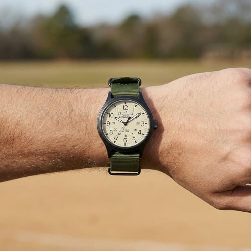 Timex Men's Expedition Scout 40mm Watch – Black Case Cream Dial with Green Fabric Strap
