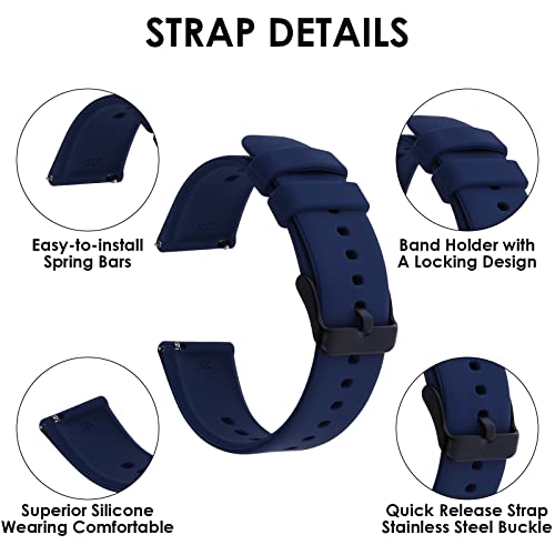 TIESOME Silicone Watch Bands, Quick Release Waterproof Soft Rubber Replacement Straps with Silver Plated Stainless Steel Buckle Compatible with Smart Watch Sport Watch for Men Women (22mm, Blue)