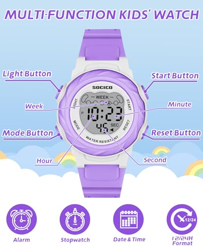 SOCICO Kids Digital Watches for Girls Boys, 7 Color Lights, 5 ATM Waterproof Watches for Kid with Alarm Stopwatch, Soft Band Wrist Watch for Kids Ages 5-12 (Purple)