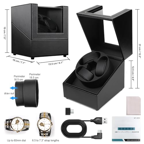 J&T Technology Watch Winder for Automatic Watches,Automatic Watch Winder with LED Light,Rotating Watch Case with Japanese Quiet Motor,4 Rotation Modes,USB Type C