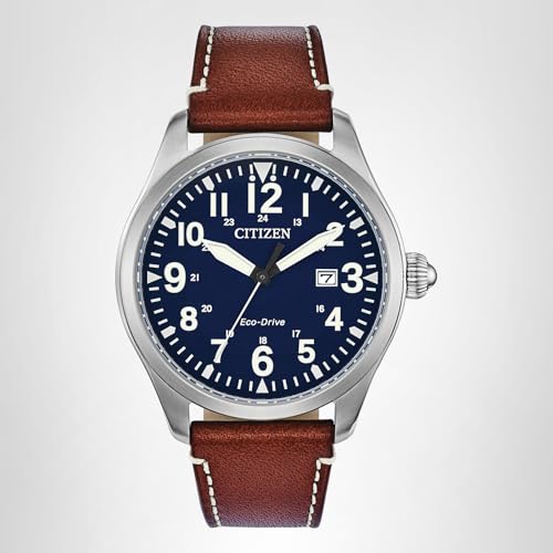 Citizen Men's Eco-Drive Weekender Garrison Field Watch in Stainless Steel with Brown Leather Strap, Blue Dial (Model: BM6838-17L)