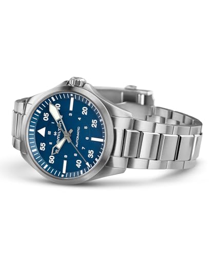 Hamilton Khaki Aviation Pilot Automatic Men's Watch, 39mm Stainless Steel Case, Swiss Made, Blue Dial Analog Wrist Watch, 100m Waterproof, Sapphire Crystal, 3-Hand Movement, Stainless Steel Strap