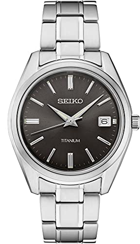 SEIKO SUR375 Watch for Men - Essentials Collection - Black Dial with Sunray Finish, Date Calendar, Titanium Case & Bracelet, Sapphire Crystal, and 100m Water Resistant