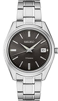 SEIKO SUR375 Watch for Men - Essentials Collection - Black Dial with Sunray Finish, Date Calendar, Titanium Case & Bracelet, Sapphire Crystal, and 100m Water Resistant