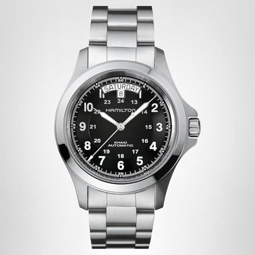 Hamilton Khaki Field King Automatic Men's Watch, 40mm Stainless Steel Case, Swiss Made, Black Dial Analog Wrist Watch for Men, 50m Waterproof, Sapphire Crystal, Stainless Steel Strap