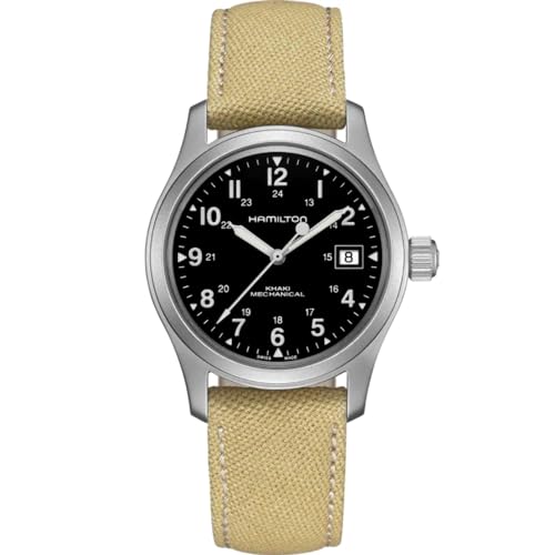 Hamilton Khaki Field Mechanical Men's Watch, 38mm Stainless Steel Case, Swiss Made, Black Dial Analog Wrist Watch for Men, 50m Waterproof, Sapphire Crystal, Canvas Strap