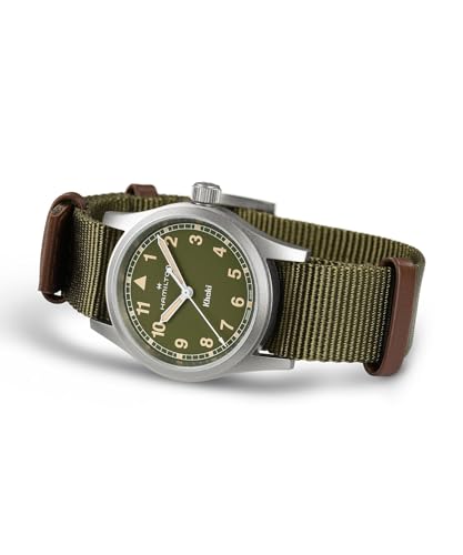Hamilton Khaki Field Khaki Quartz Men's Watch, 33mm Stainless Steel Case, Swiss Made, Green Dial Analog Wrist Watch for Men, 50m Waterproof, Sapphire Crystal, Textile Strap