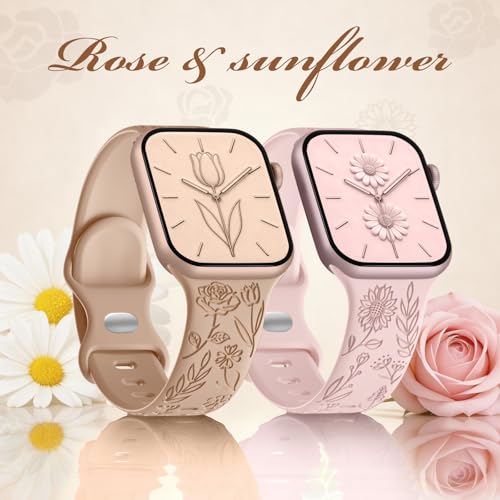 Easuny 8 Pack Bands for Women Compatible with Apple Watch 40mm 41mm 38mm 42mm 44mm 45mm 46mm 49mm iWatch Series 11 10 9 8 7 6 5 4 3 Ultra SE 3 SE 2nd, Soft Silicone Floral Engraved Dressy Wrist Straps