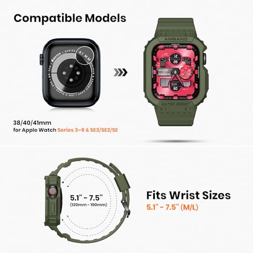 amBand Compatible for Apple Watch Band 41mm 40mm 38mm with Bumper Case, Rugged Men Women Bands for iWatch SE 3 SE2nd SE Series 9 8 7 6 5 4 3 2 1, Sport Military Protective Cases Drop-Proof, Green