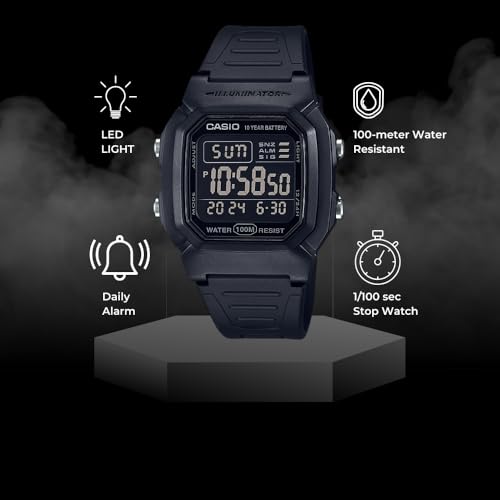 Casio W800H Series | Unisex Digital Watch | Black | 100 Meter Water Resistance | LED Backlight | 1/100 SEC Stopwatch | Dual Time | Multi-Function Alarm | Full Auto Calendar | 10 Year Battery