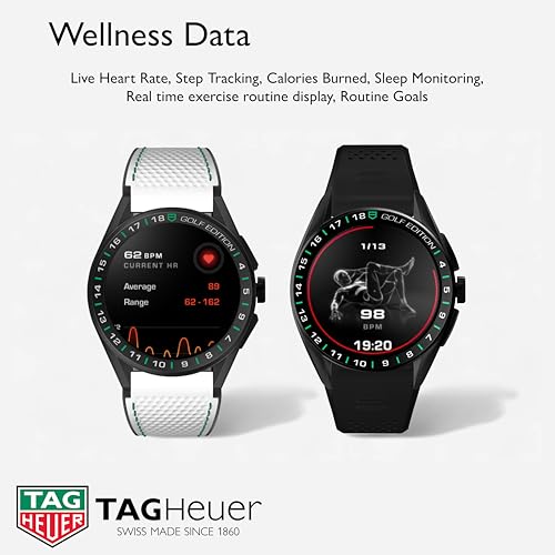 TAG Heuer Smart Watch, Fitness Watch, Connected Calibre E4 45 mm Golf Edition, Touch Screen, Waterproof, Calls, SMS, Steps, Heart Rate, Wellness, Titanium, White Or Black/Green Straps, SBR8A81.EB0251