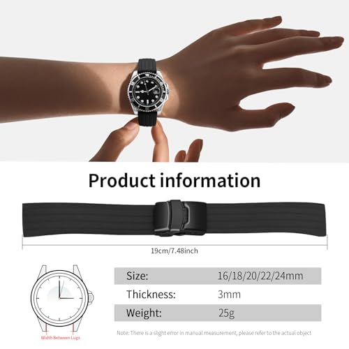 ULLCHRO Silicone Watch Strap Replacement Rubber Watch Band Waterproof Stripe Pattern - 16mm, 18mm, 20mm, 22mm, 24mm Watch Bracelet with Stainless Steel Deployment Black Buckle (22mm, Black02)